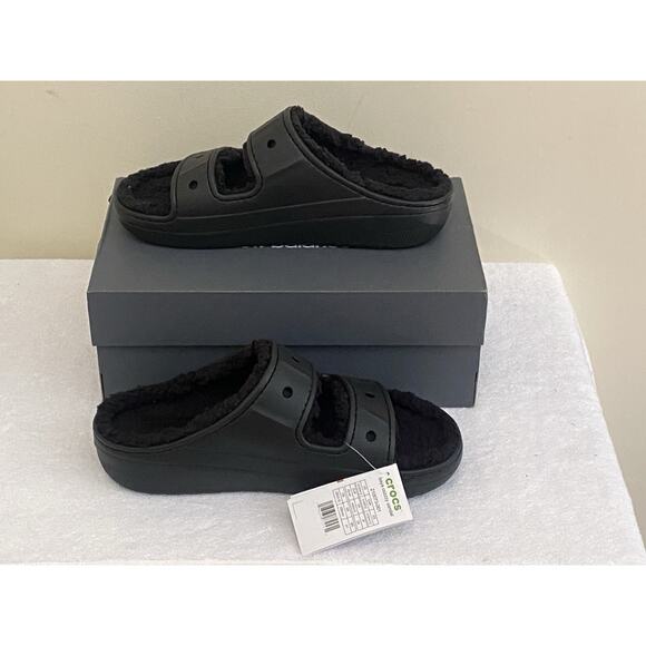CROCS Black Fuzz-Lined Double Strap Slide Sandals main image 4